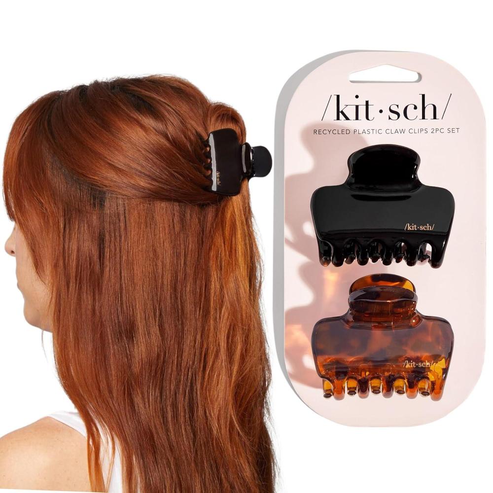imageKitsch Large Hair Clips for Women  Fashionable Loop Hair Claw Clips  Matte Plastic EasyGrip  Perfect for Everyday Use amp Special Occasions  Ideal Gifts for Women  Tortoise amp Black 2 PcsBlack and Tort Glossy Puffy 2 Pieces  Medium
