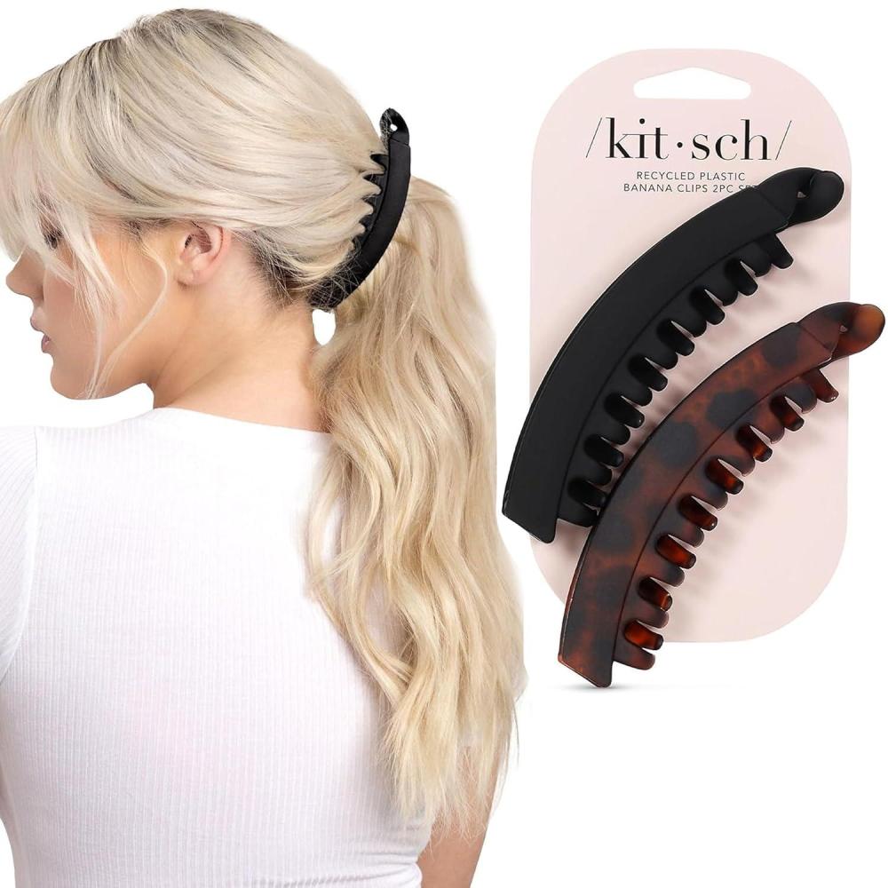 imageKitsch Large Hair Clips for Women Fashionable Loop Hair Claw Clips Matte Plastic EasyGrip Perfect for Everyday Use amp Special Occasions Ideal Gifts for Women Tortoise amp Black 2 PcsTortoise and Black 2 Pieces Banana Clip