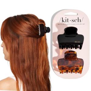 Kitsch Large Hair Clips for Women – Fashionable Loop Hair Claw Clips | Matte Plastic, Easy-Grip | Perfect for Everyday Use & Special Occasions | Ideal Gifts for Women – Tortoise & Black, 2 Pcs(Black and Tort Glossy Puffy (2 Pieces  Medium))
