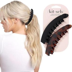 Kitsch Large Hair Clips for Women – Fashionable Loop Hair Claw Clips | Matte Plastic, Easy-Grip | Perfect for Everyday Use & Special Occasions | Ideal Gifts for Women – Tortoise & Black, 2 Pcs(Tortoise and Black (2 Pieces  Banana Clip))