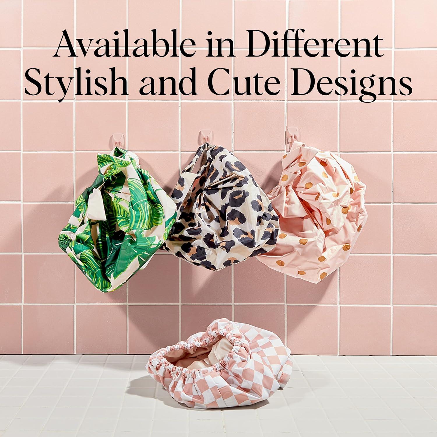 imageKitsch Luxury Shower Caps for Women Reusable Waterproof Flexi Satin Lined Large Shower Cap for Men Nonslip Quickdry Adjustable Stylish Hair Cap for Long amp Short Hair Cherry PrintBlush Dot