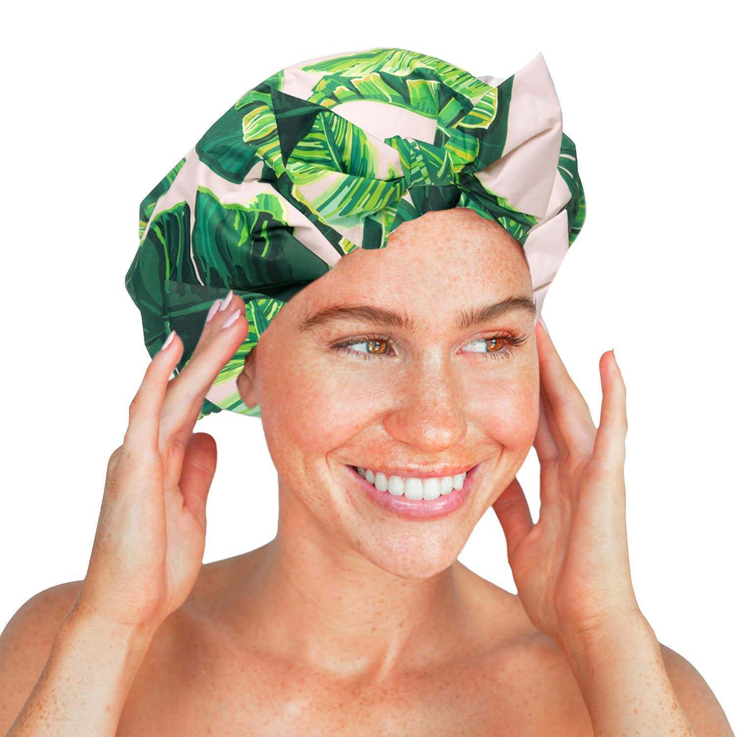 imageKitsch Luxury Shower Caps for Women Reusable Waterproof Flexi Satin Lined Large Shower Cap for Men Nonslip Quickdry Adjustable Stylish Hair Cap for Long amp Short Hair Cherry PrintPalm Leaves