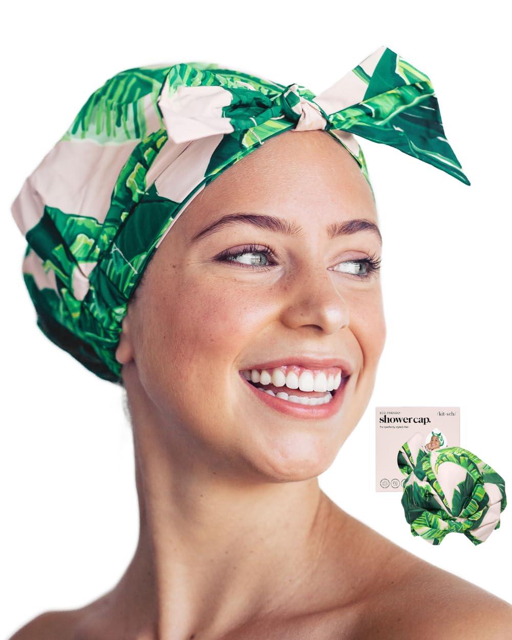 imageKitsch Luxury Shower Caps for Women Reusable Waterproof Flexi Satin Lined Large Shower Cap for Men Nonslip Quickdry Adjustable Stylish Hair Cap for Long amp Short Hair Cherry PrintPalm Leaves