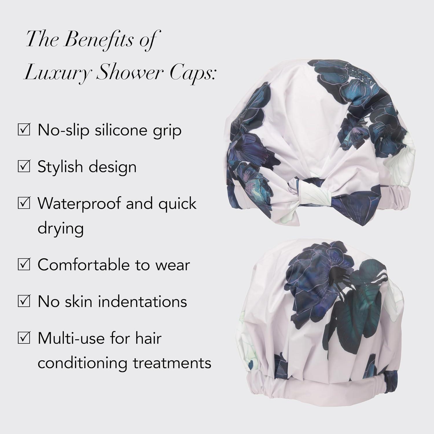 imageKitsch Luxury Shower Caps for Women Reusable Waterproof Flexi Satin Lined Large Shower Cap for Men Nonslip Quickdry Adjustable Stylish Hair Cap for Long amp Short Hair Cherry PrintFloral