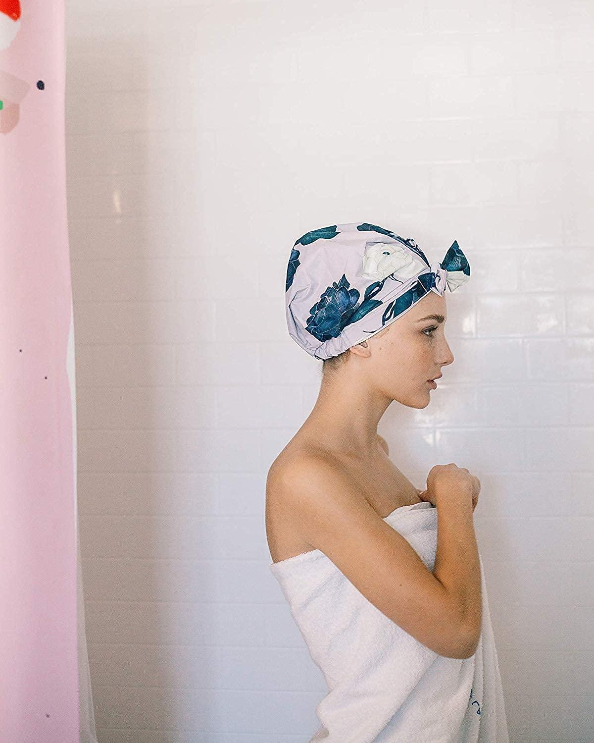 imageKitsch Luxury Shower Caps for Women Reusable Waterproof Flexi Satin Lined Large Shower Cap for Men Nonslip Quickdry Adjustable Stylish Hair Cap for Long amp Short Hair Cherry PrintFloral