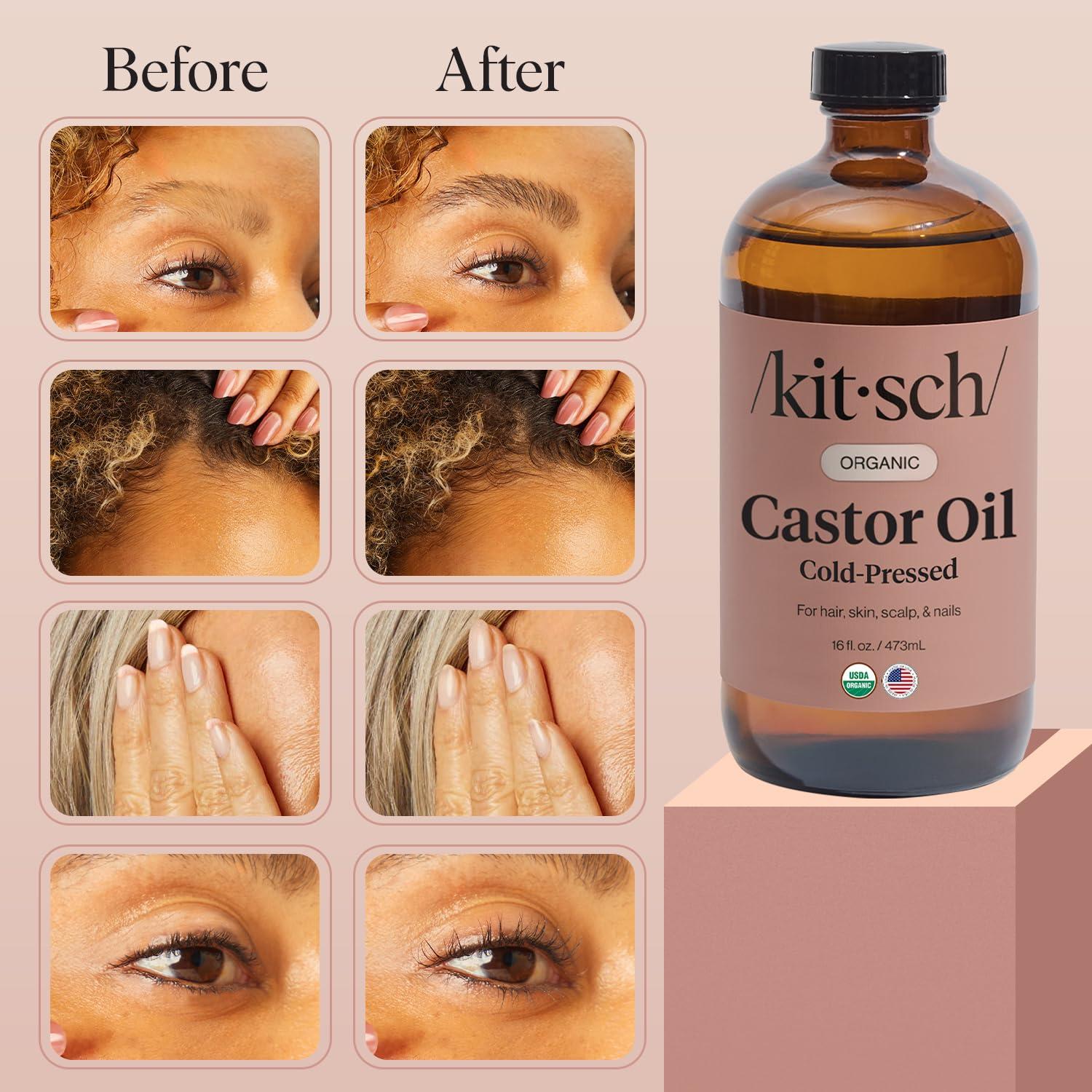 imageKitsch Organic Castor Oil for Hair Growth 100 Pure Castor Oil Organic Cold Pressed Unrefined Glass Bottle for Face Skin Lashes Brows Scalp Nails amp Belly Button Ideal Gifts for Women 16 oz16 Fl Oz Pack of 1
