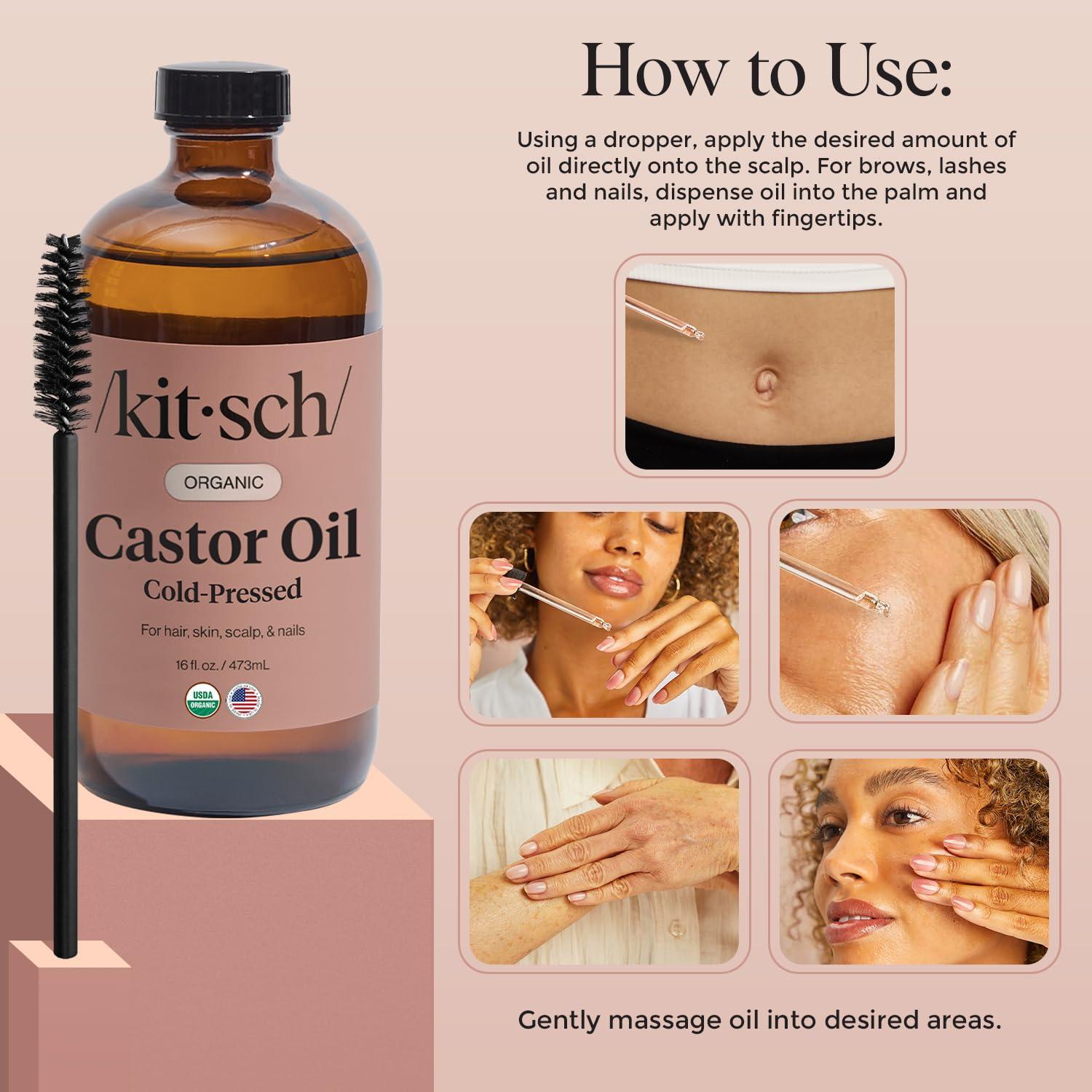 imageKitsch Organic Castor Oil for Hair Growth 100 Pure Castor Oil Organic Cold Pressed Unrefined Glass Bottle for Face Skin Lashes Brows Scalp Nails amp Belly Button Ideal Gifts for Women 16 oz16 Fl Oz Pack of 1