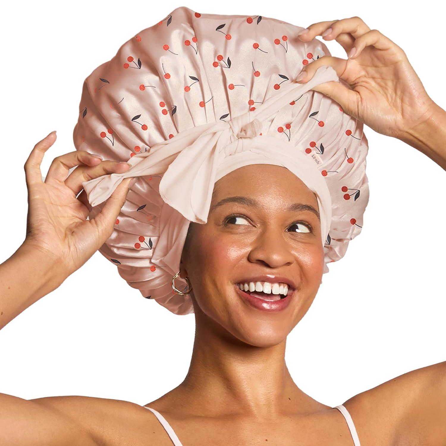 imageKitsch XL Satin Bonnet for Sleeping Softer Than Silk Hair Bonnet for Women Secure Fit Adjustable Night Cap for Curly amp Textured Hair Prevents Breakage Tangles amp Thinning CharcoalCherry Print