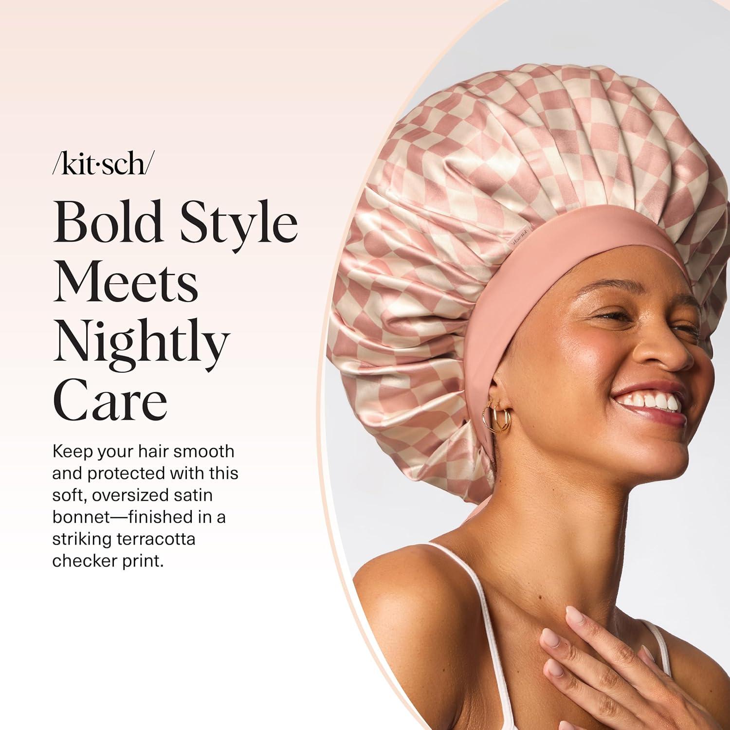 imageKitsch XL Satin Bonnet for Sleeping Softer Than Silk Hair Bonnet for Women Secure Fit Adjustable Night Cap for Curly amp Textured Hair Prevents Breakage Tangles amp Thinning CharcoalTerracotta Checker