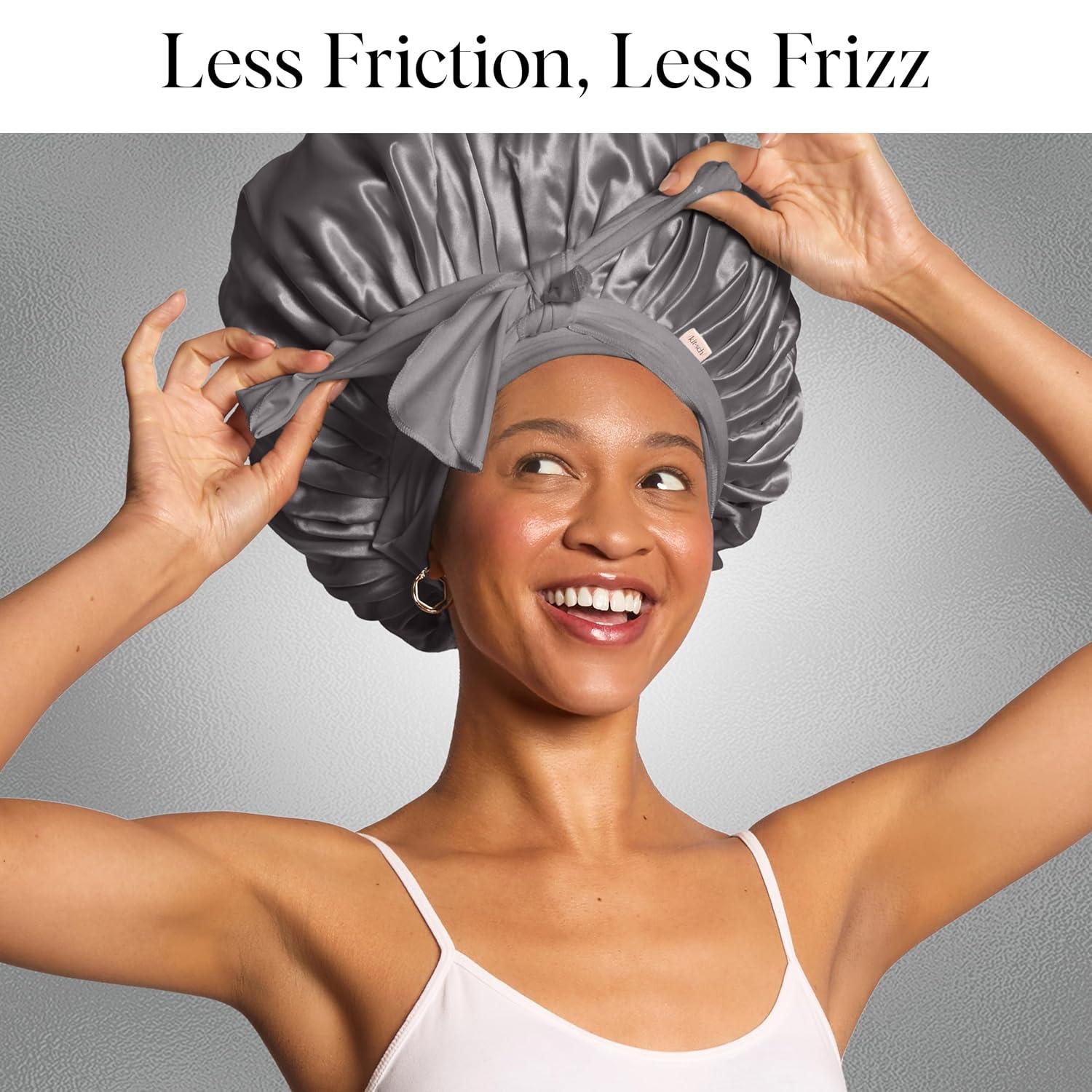 imageKitsch XL Satin Bonnet for Sleeping Softer Than Silk Hair Bonnet for Women Secure Fit Adjustable Night Cap for Curly amp Textured Hair Prevents Breakage Tangles amp Thinning CharcoalCharcoal