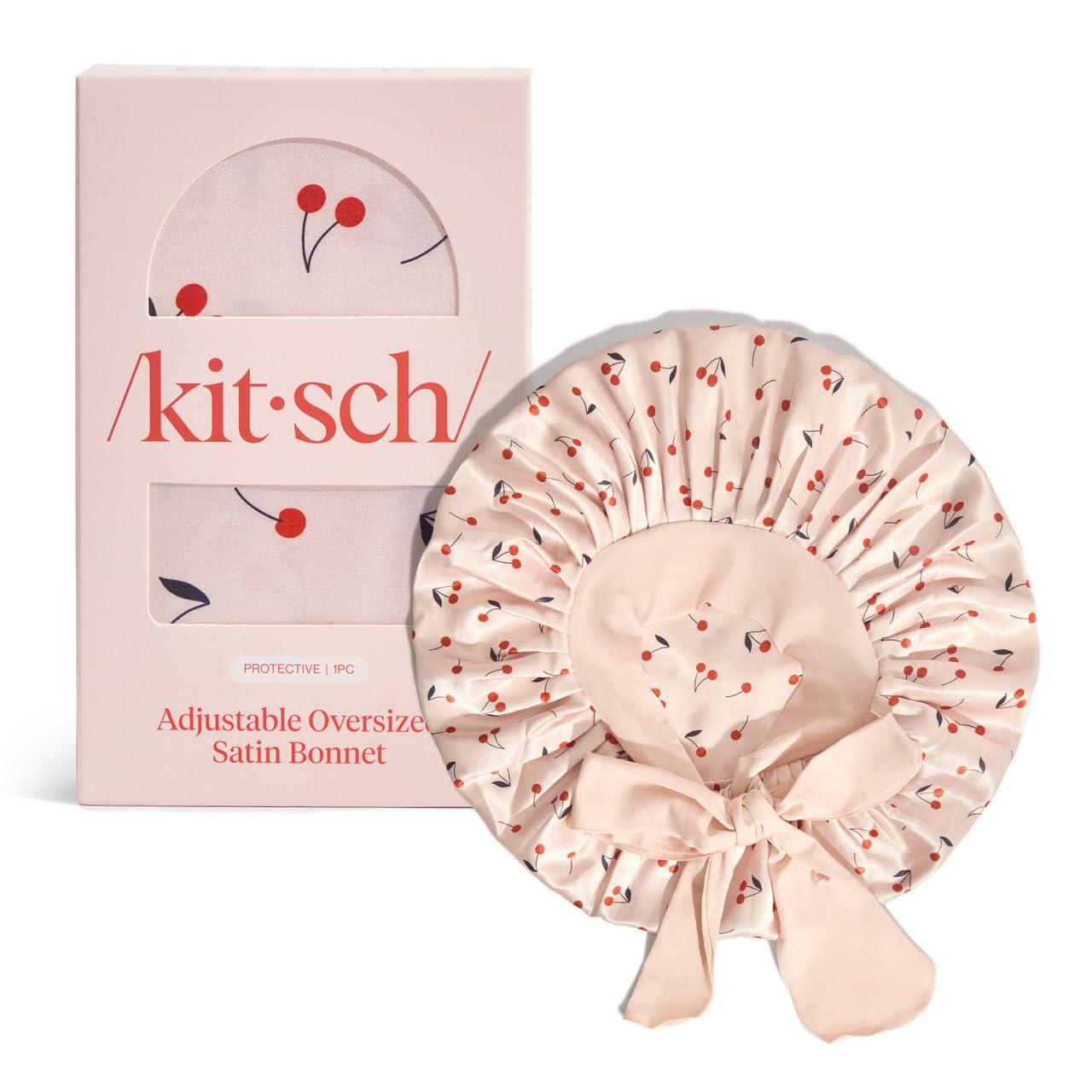 imageKitsch XL Satin Bonnet for Sleeping Softer Than Silk Hair Bonnet for Women Secure Fit Adjustable Night Cap for Curly amp Textured Hair Prevents Breakage Tangles amp Thinning CharcoalCherry Print