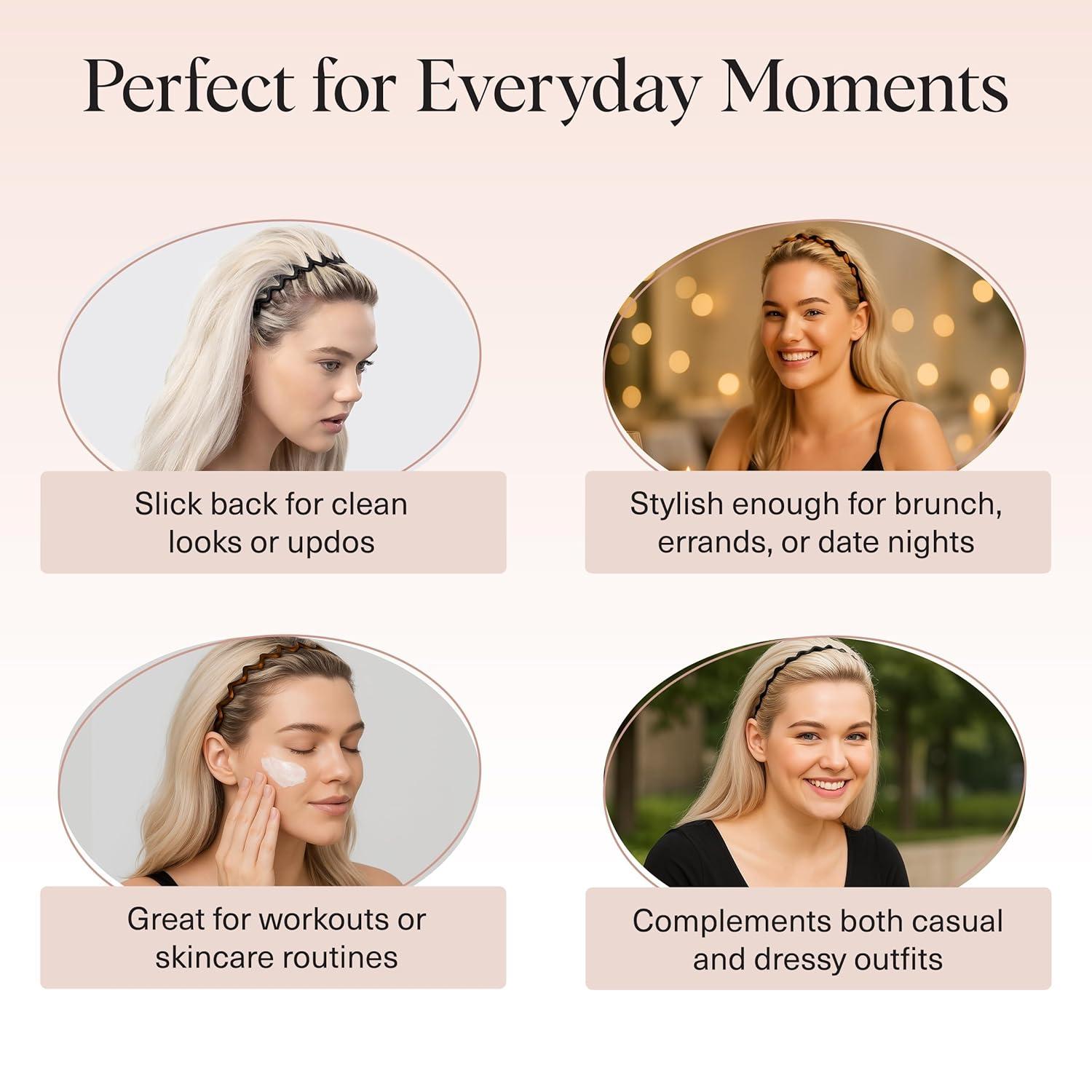 imageKitsch Zig Zag Headbands for Women Non Slip Fashion Accessories for Slicked Back Styles Comfortable Comb Headband with Teeth Ideal Gifts for Women Tortoise amp Black Headband 2 pcsBlack Tort