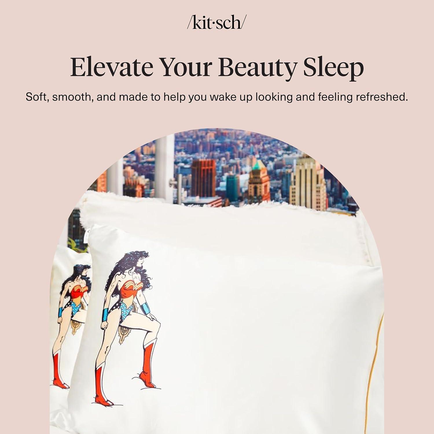 imageKitsch x Lisa Frank Satin Pillowcase with Zipper for Hair amp Skin Softer Than Silk Pillow Cases Queen WrinkleFree Smooth and Cooling Satin Pillow Covers StandardQueen Size 19x26 Angel KittyWonder Woman Believe in Wonder