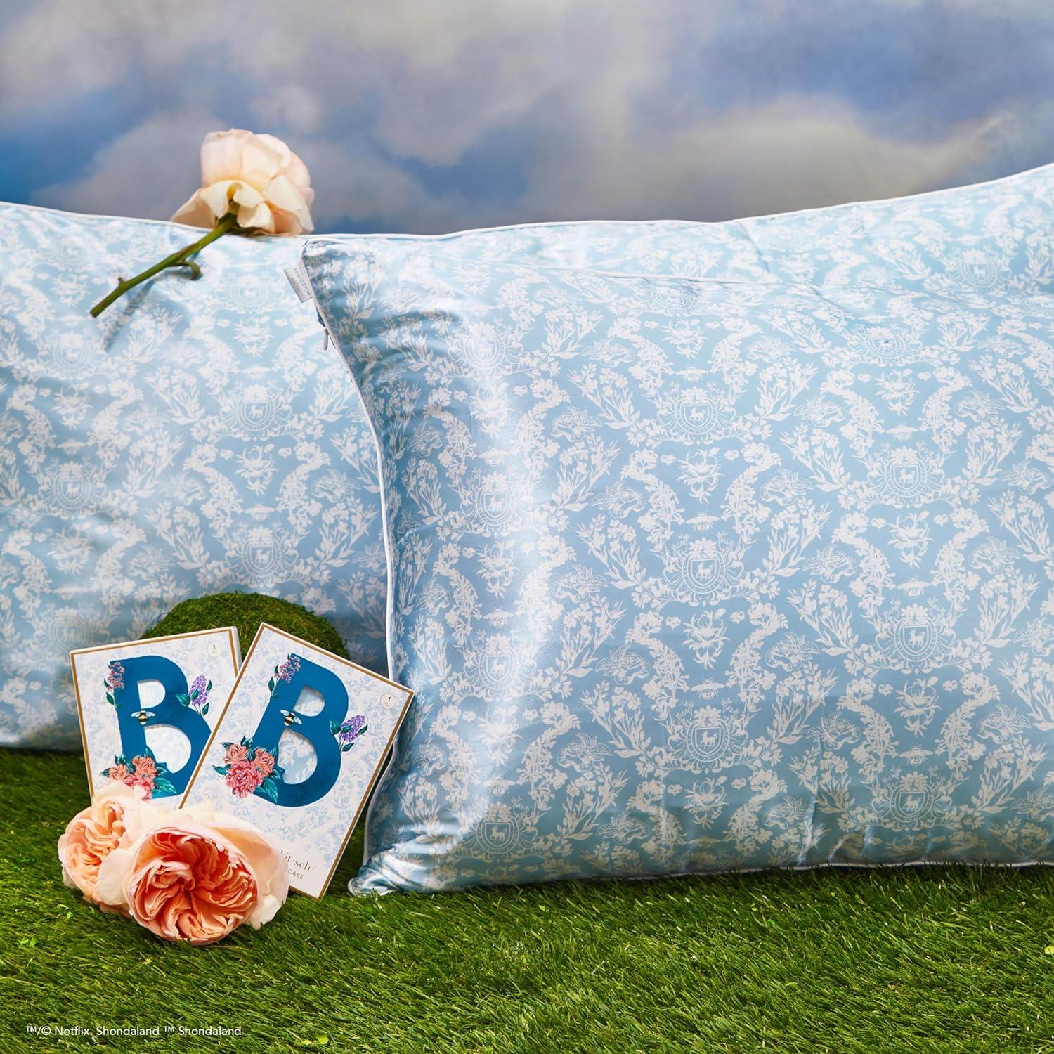 imageKitsch x Lisa Frank Satin Pillowcase with Zipper for Hair amp Skin Softer Than Silk Pillow Cases Queen WrinkleFree Smooth and Cooling Satin Pillow Covers StandardQueen Size 19x26 Angel KittyBridgerton Toile De Blue