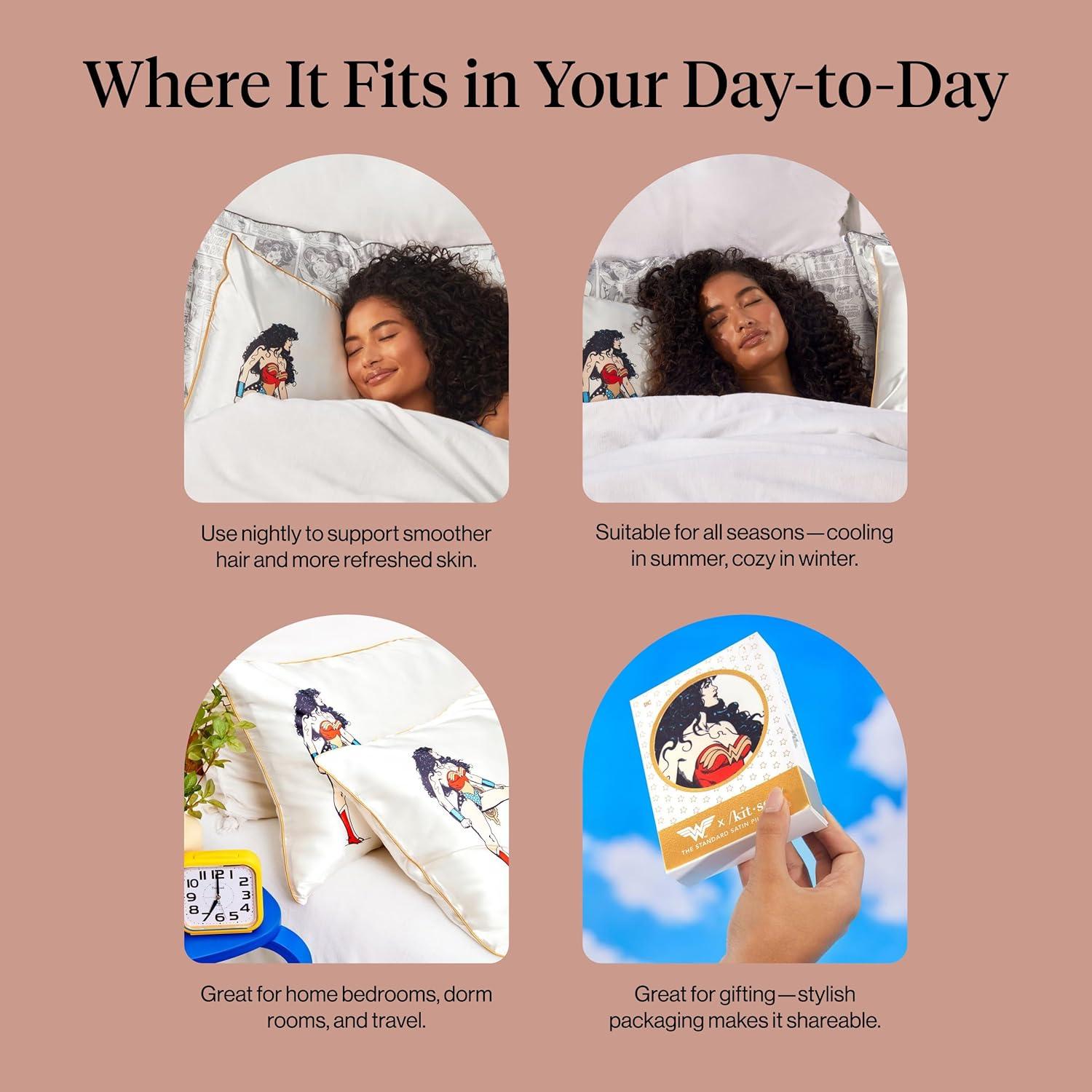 imageKitsch x Lisa Frank Satin Pillowcase with Zipper for Hair amp Skin Softer Than Silk Pillow Cases Queen WrinkleFree Smooth and Cooling Satin Pillow Covers StandardQueen Size 19x26 Angel KittyWonder Woman Believe in Wonder