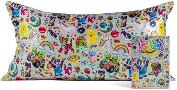 imageKitsch x Lisa Frank Satin Pillowcase with Zipper for Hair amp Skin Softer Than Silk Pillow Cases Queen WrinkleFree Smooth and Cooling Satin Pillow Covers StandardQueen Size 19x26 Angel KittyLisa Frank