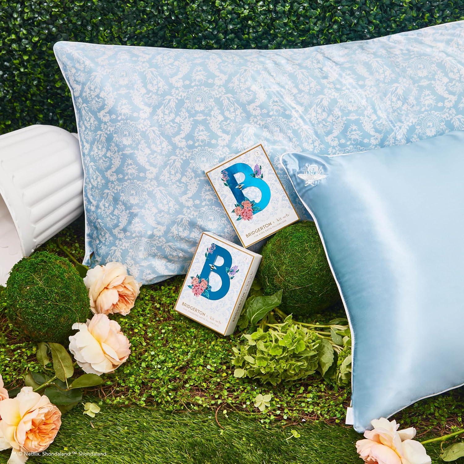 imageKitsch x Lisa Frank Satin Pillowcase with Zipper for Hair amp Skin Softer Than Silk Pillow Cases Queen WrinkleFree Smooth and Cooling Satin Pillow Covers StandardQueen Size 19x26 Angel KittyBridgerton Toile De Blue