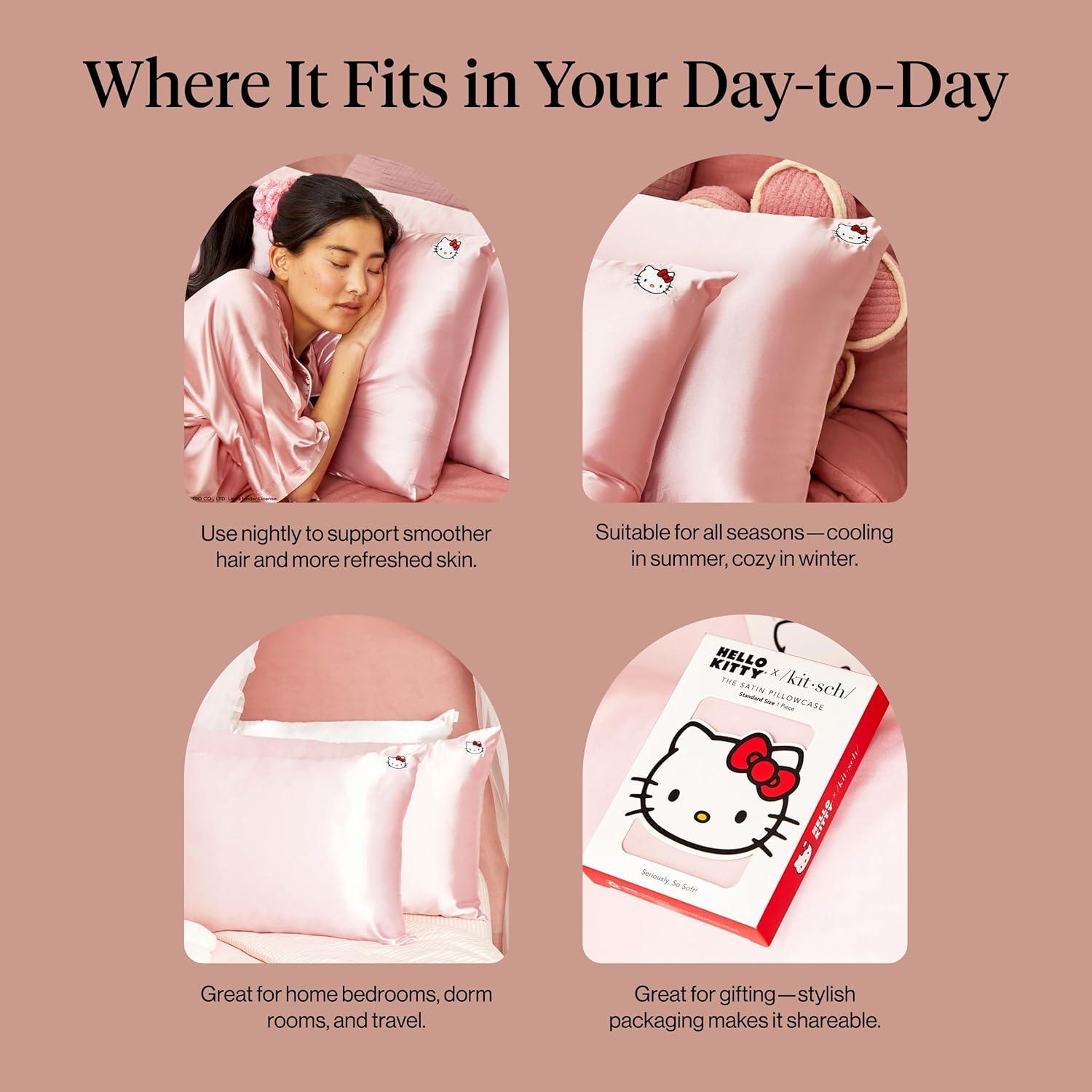 imageKitsch x Lisa Frank Satin Pillowcase with Zipper for Hair amp Skin Softer Than Silk Pillow Cases Queen WrinkleFree Smooth and Cooling Satin Pillow Covers StandardQueen Size 19x26 Angel KittyHello Kitty Pink Kitty Face