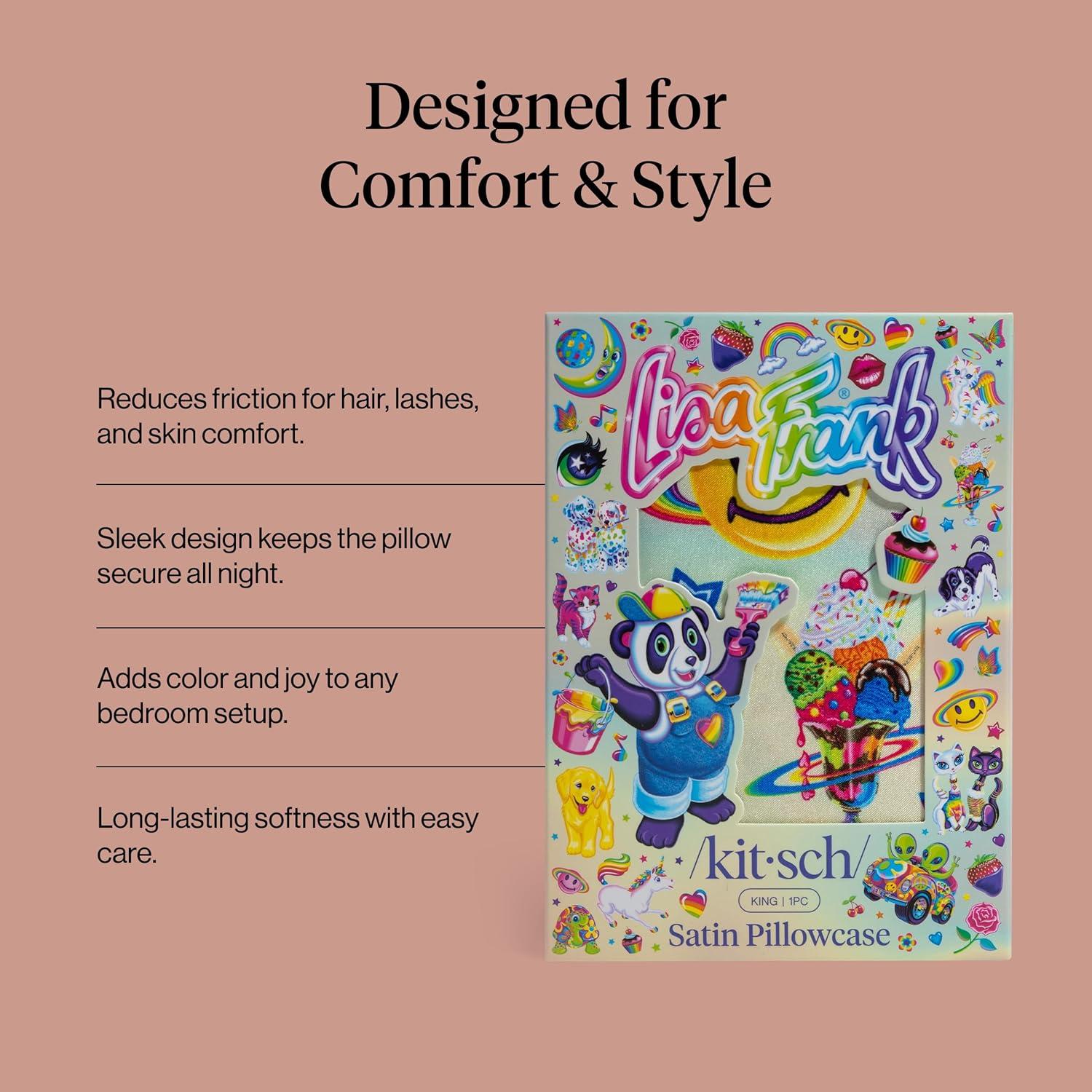 imageKitsch x Lisa Frank Satin Pillowcase with Zipper for Hair amp Skin Softer Than Silk Pillow Cases Queen WrinkleFree Smooth and Cooling Satin Pillow Covers StandardQueen Size 19x26 Angel KittyLisa Frank