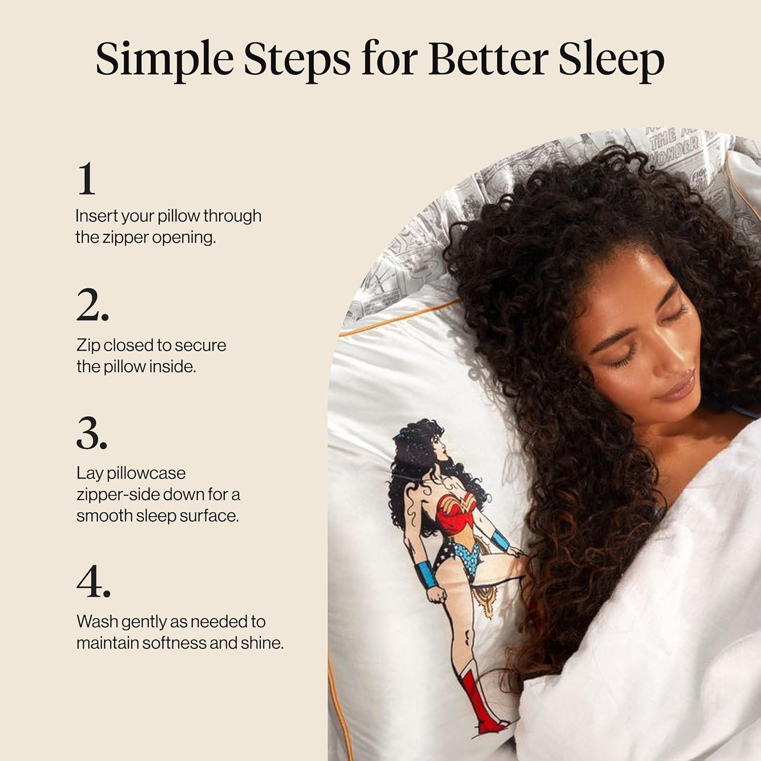 imageKitsch x Lisa Frank Satin Pillowcase with Zipper for Hair amp Skin Softer Than Silk Pillow Cases Queen WrinkleFree Smooth and Cooling Satin Pillow Covers StandardQueen Size 19x26 Angel KittyWonder Woman Believe in Wonder