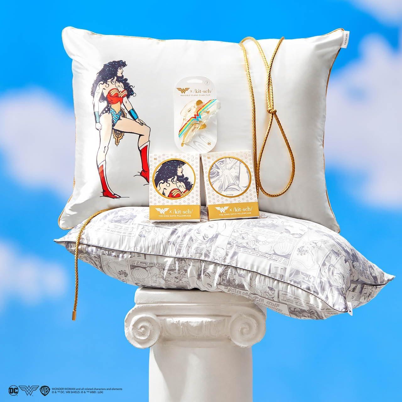 imageKitsch x Lisa Frank Satin Pillowcase with Zipper for Hair amp Skin Softer Than Silk Pillow Cases Queen WrinkleFree Smooth and Cooling Satin Pillow Covers StandardQueen Size 19x26 Angel KittyWonder Woman Comic