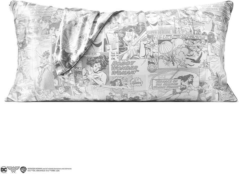 imageKitsch x Lisa Frank Satin Pillowcase with Zipper for Hair amp Skin Softer Than Silk Pillow Cases Queen WrinkleFree Smooth and Cooling Satin Pillow Covers StandardQueen Size 19x26 Angel KittyWonder Woman Comic