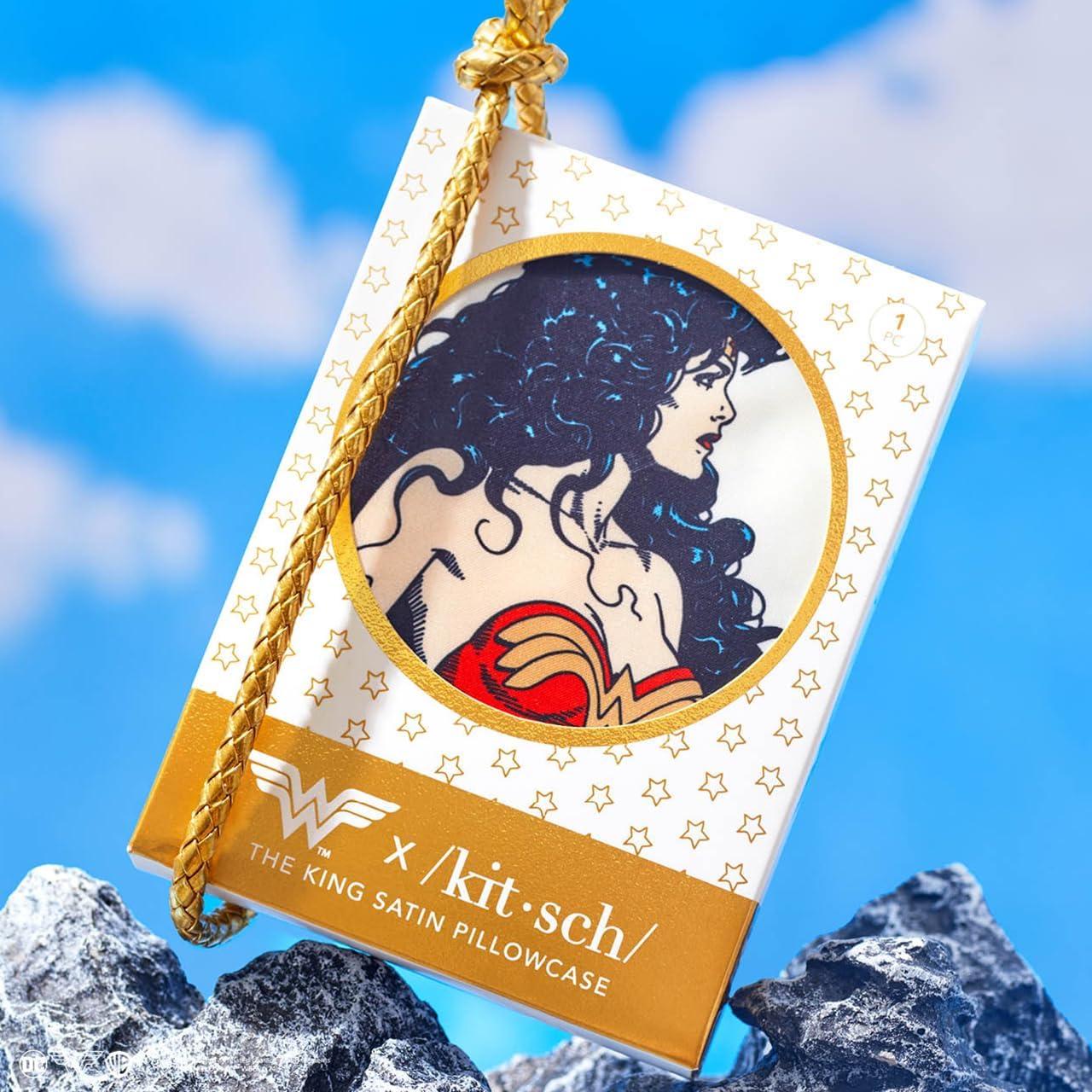 imageKitsch x Lisa Frank Satin Pillowcase with Zipper for Hair amp Skin Softer Than Silk Pillow Cases Queen WrinkleFree Smooth and Cooling Satin Pillow Covers StandardQueen Size 19x26 Angel KittyWonder Woman Believe in Wonder