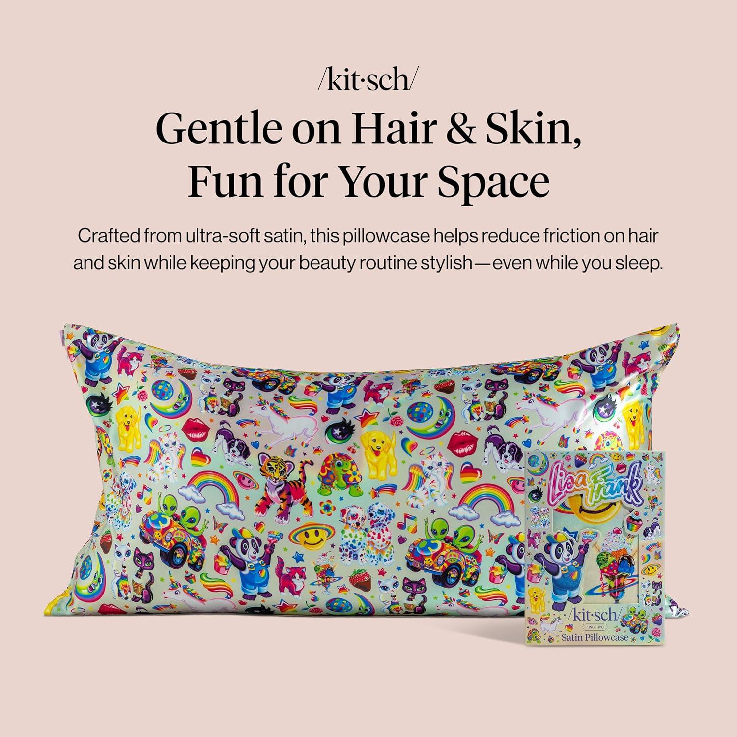 imageKitsch x Lisa Frank Satin Pillowcase with Zipper for Hair amp Skin Softer Than Silk Pillow Cases Queen WrinkleFree Smooth and Cooling Satin Pillow Covers StandardQueen Size 19x26 Angel KittyLisa Frank