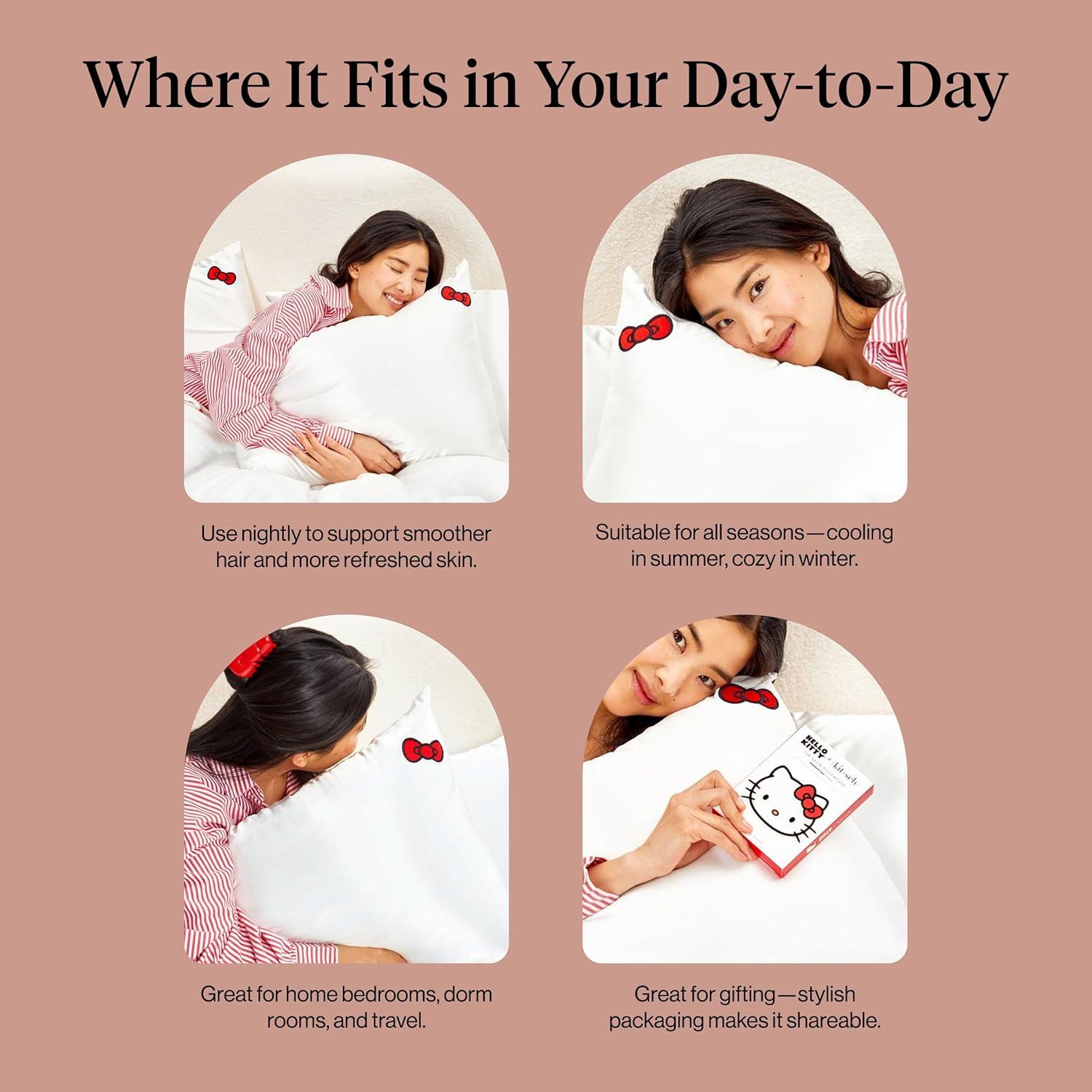 imageKitsch x Lisa Frank Satin Pillowcase with Zipper for Hair amp Skin Softer Than Silk Pillow Cases Queen WrinkleFree Smooth and Cooling Satin Pillow Covers StandardQueen Size 19x26 Angel KittyHello Kitty Ivory