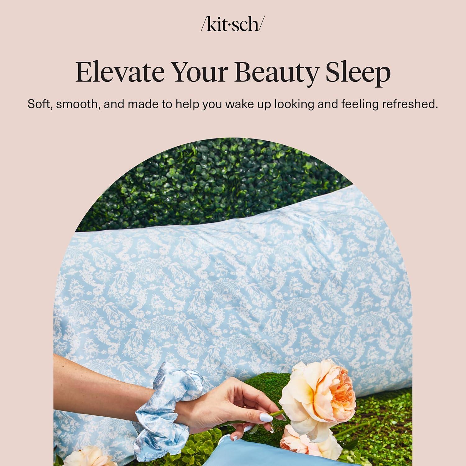 imageKitsch x Lisa Frank Satin Pillowcase with Zipper for Hair amp Skin Softer Than Silk Pillow Cases Queen WrinkleFree Smooth and Cooling Satin Pillow Covers StandardQueen Size 19x26 Angel KittyBridgerton Toile De Blue