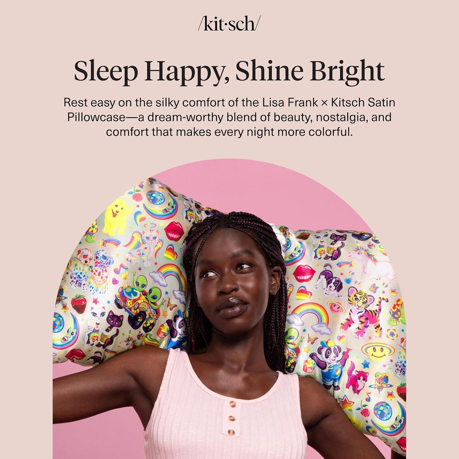 imageKitsch x Lisa Frank Satin Pillowcase with Zipper for Hair amp Skin Softer Than Silk Pillow Cases Queen WrinkleFree Smooth and Cooling Satin Pillow Covers StandardQueen Size 19x26 Angel KittyLisa Frank