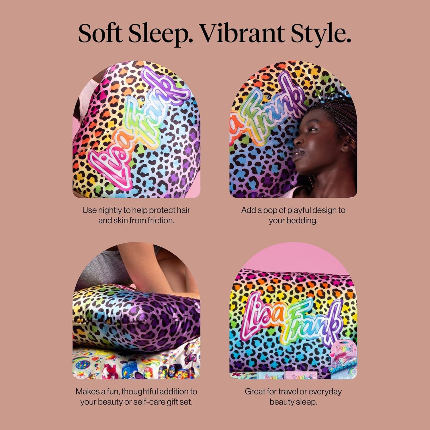 imageKitsch x Lisa Frank Satin Pillowcase with Zipper for Hair amp Skin Softer Than Silk Pillow Cases Queen WrinkleFree Smooth and Cooling Satin Pillow Covers StandardQueen Size 19x26 Angel KittyRainbow Leopard