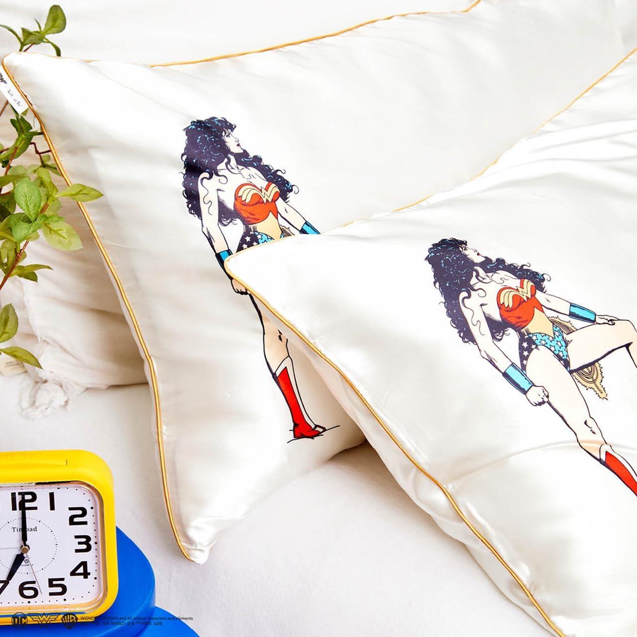 imageKitsch x Lisa Frank Satin Pillowcase with Zipper for Hair amp Skin Softer Than Silk Pillow Cases Queen WrinkleFree Smooth and Cooling Satin Pillow Covers StandardQueen Size 19x26 Angel KittyWonder Woman Believe in Wonder