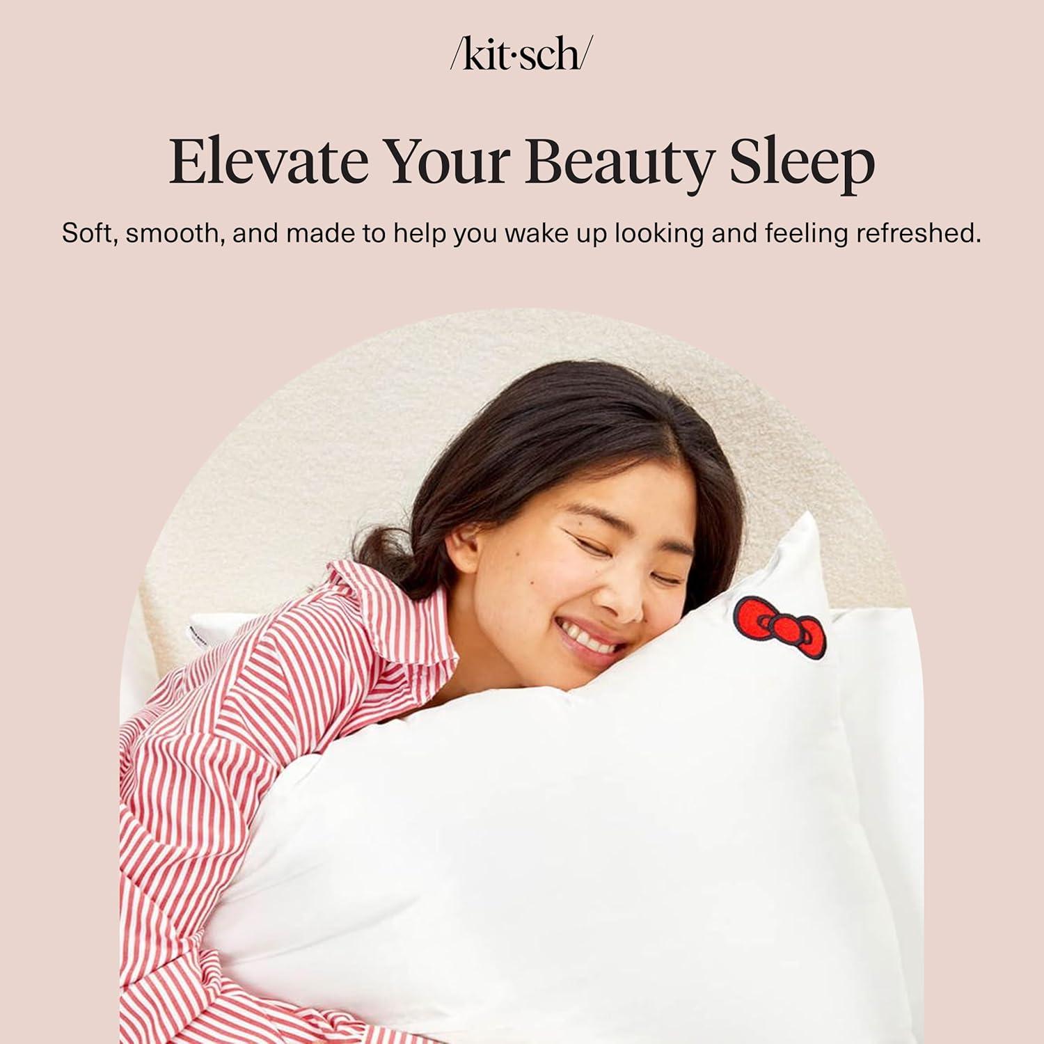 imageKitsch x Lisa Frank Satin Pillowcase with Zipper for Hair amp Skin Softer Than Silk Pillow Cases Queen WrinkleFree Smooth and Cooling Satin Pillow Covers StandardQueen Size 19x26 Angel KittyHello Kitty Ivory