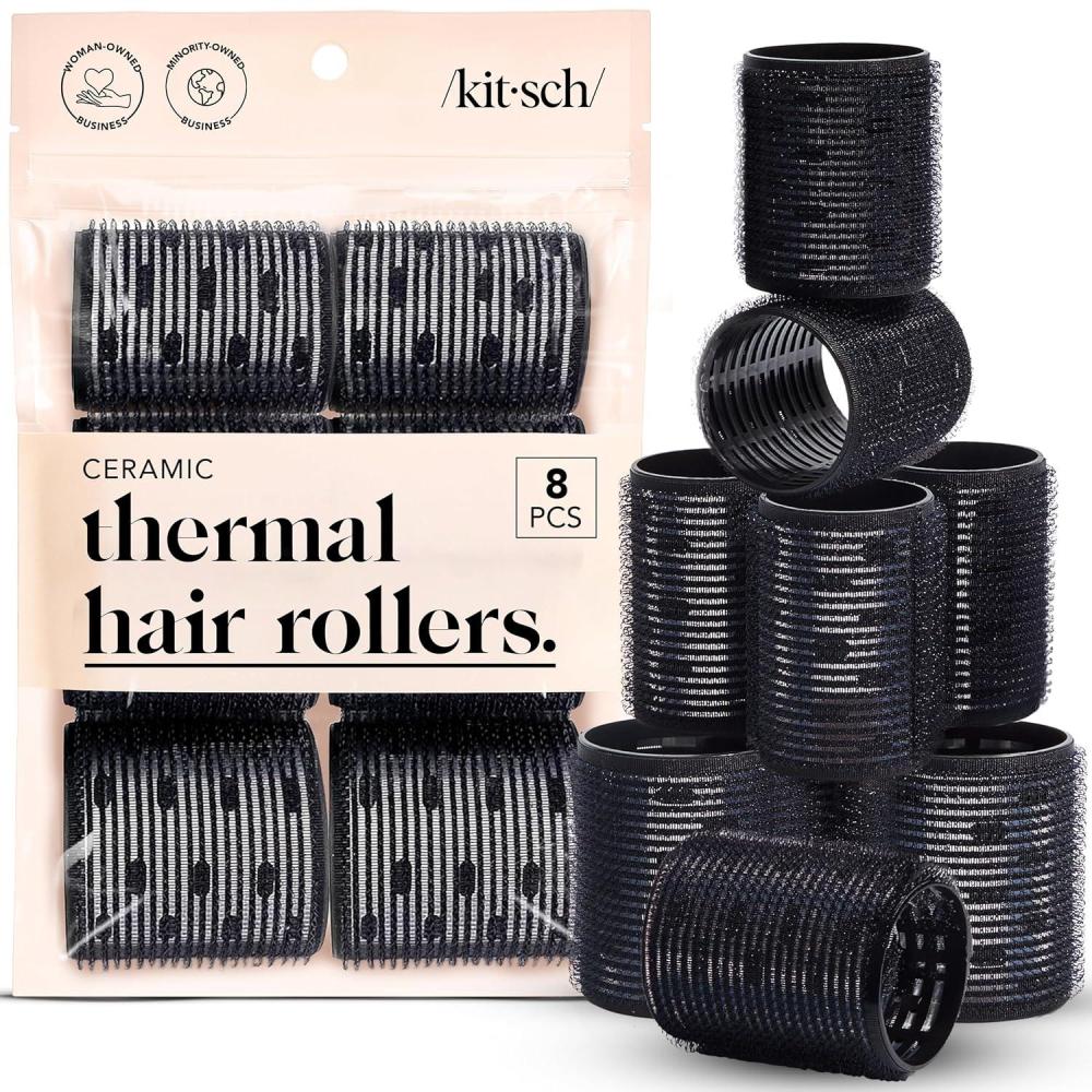 imageKitsch Ceramic Thermal Hair Rollers for Women  Self Grip Hair Curlers for Heatless Curls Overnight  Volumizing Large Rollers for Short amp Long Hair  For Long Lasting FrizzFree Curls  Black 8pcsBlack