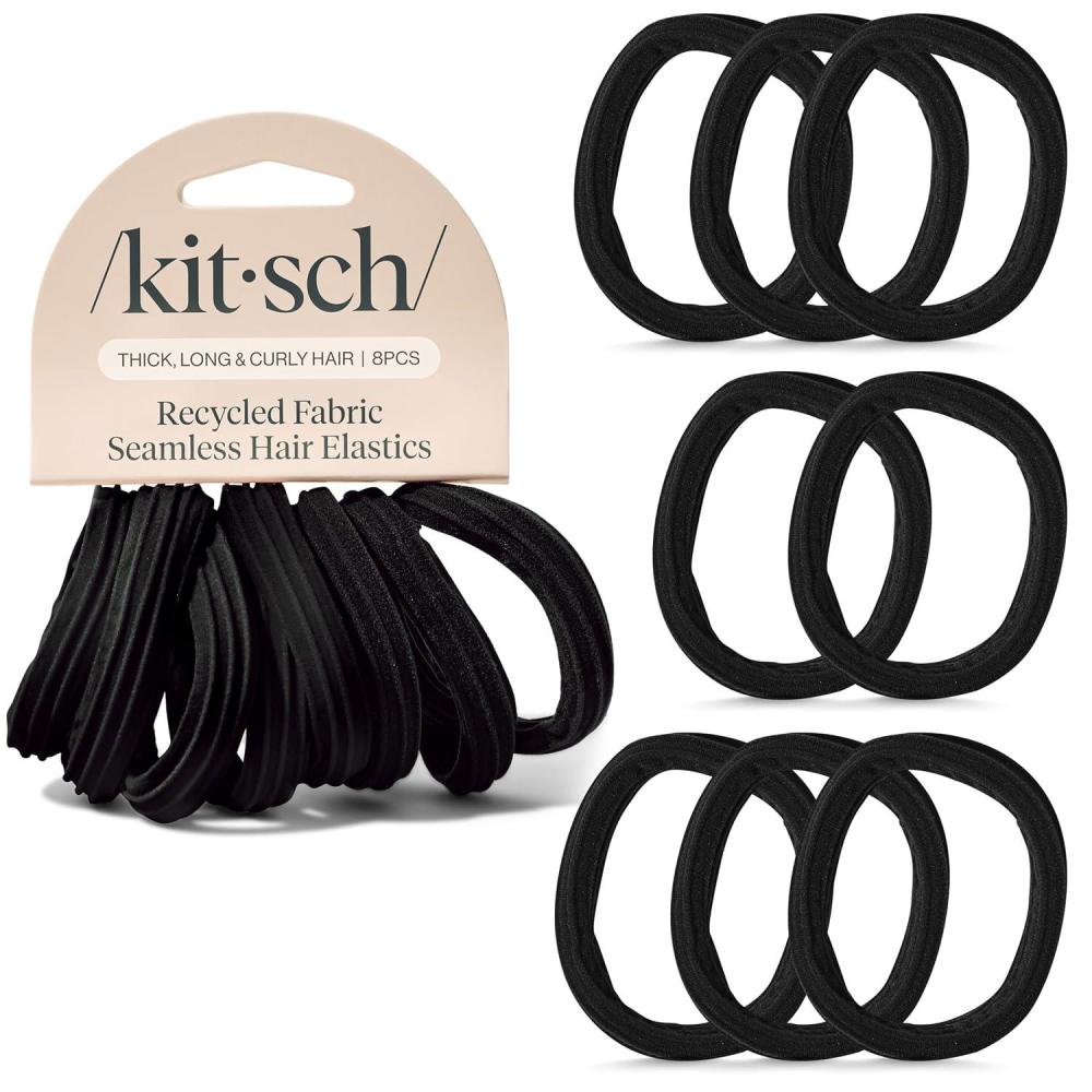 imageKitsch Hair Ties No Damage  Strong Stretchy Hair Bands  Soft Nylon Ponytail Holders SnagFree Rubber Bands Perfect for Updos amp Braids  Ideal Gifts for Women  Black 8pcsBlack Pack of 8