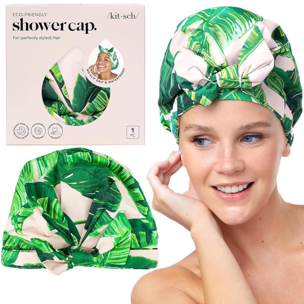 imageKitsch Luxury Shower Caps for Women Reusable Waterproof  Flexi Satin Lined Large Shower Cap for Men Nonslip Quickdry Adjustable Stylish Hair Cap for Long amp Short Hair  Cherry PrintPalm Leaves