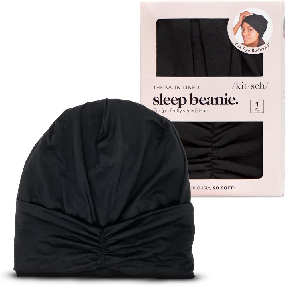imageKitsch Satin Lined Beanie Softer than Silk Beanie For Sleeping Women Breathable Hair Cover for Sleeping Slouchy Beanies Bonnets for Women Hair Wrap Reduce Breakage for Frizzfree Hairs Black