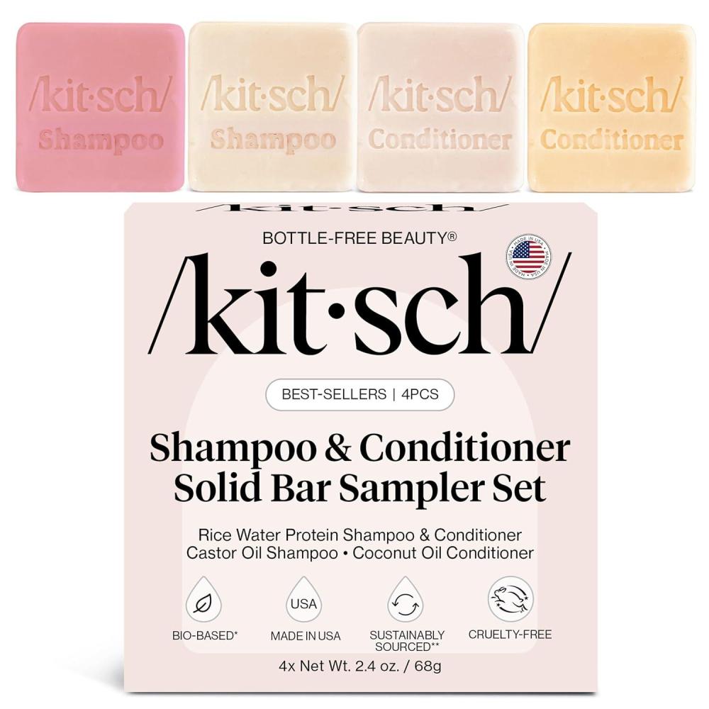 imageKitsch Shampoo and Conditioner Set 4pc Sampler Bars with Rice Water Shampoo and Conditioner Castor Oil Shampoo amp Coconut Oil Conditioner BottleFree Beauty for Hair Growth Repair amp Moisture