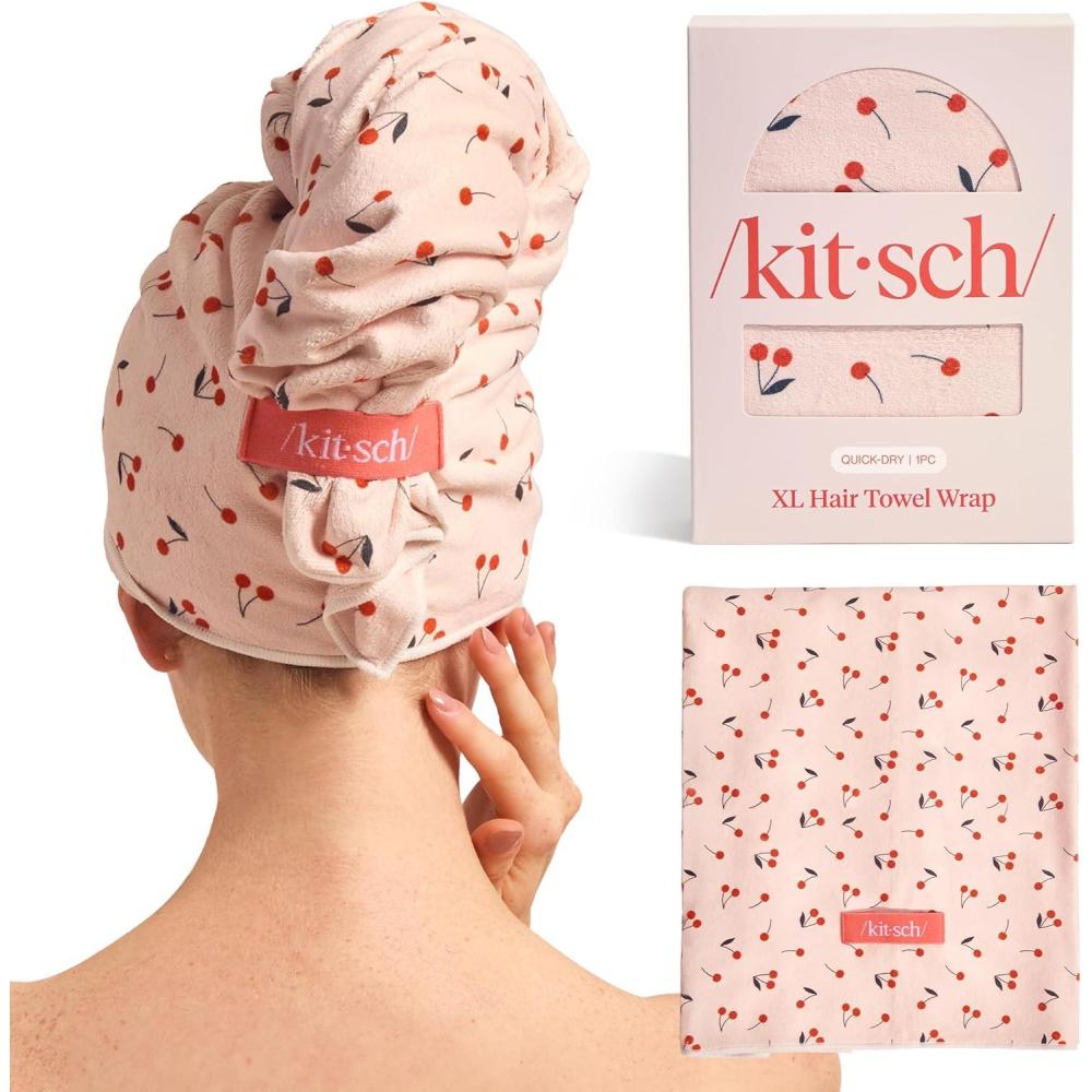 imageKitsch XL Microfiber Hair Towel Wrap for Women  Microfiber Towel Super Absorbent Quick Dry AntiFrizz  for Long amp Short Hairs Turbans for WomenCherry Print