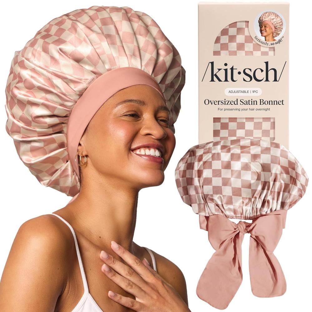 imageKitsch XL Satin Bonnet for Sleeping Softer Than Silk Hair Bonnet for Women Secure Fit Adjustable Night Cap for Curly amp Textured Hair Prevents Breakage Tangles amp Thinning CharcoalTerracotta Checker