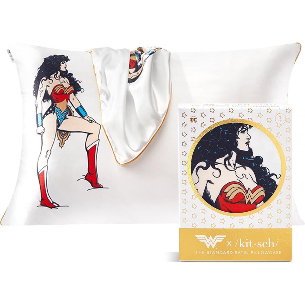 imageKitsch x Lisa Frank Satin Pillowcase with Zipper for Hair amp Skin Softer Than Silk Pillow Cases Queen WrinkleFree Smooth and Cooling Satin Pillow Covers StandardQueen Size 19x26 Angel KittyWonder Woman Believe in Wonder