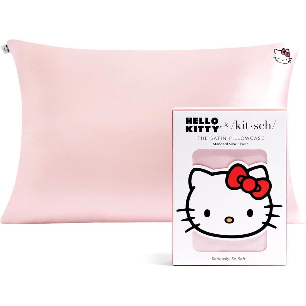 imageKitsch x Lisa Frank Satin Pillowcase with Zipper for Hair amp Skin Softer Than Silk Pillow Cases Queen WrinkleFree Smooth and Cooling Satin Pillow Covers StandardQueen Size 19x26 Angel KittyHello Kitty Pink Kitty Face