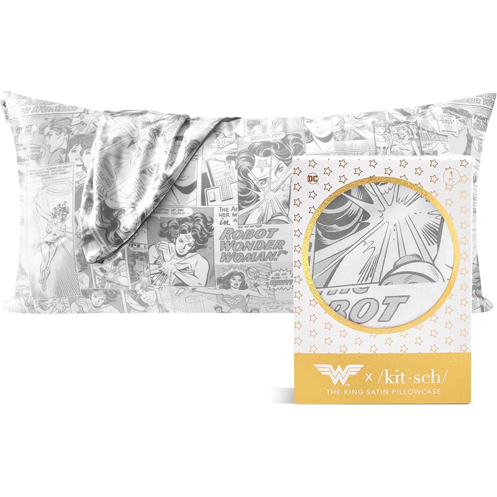 imageKitsch x Lisa Frank Satin Pillowcase with Zipper for Hair amp Skin Softer Than Silk Pillow Cases Queen WrinkleFree Smooth and Cooling Satin Pillow Covers StandardQueen Size 19x26  Angel KittyWonder Woman  Comic