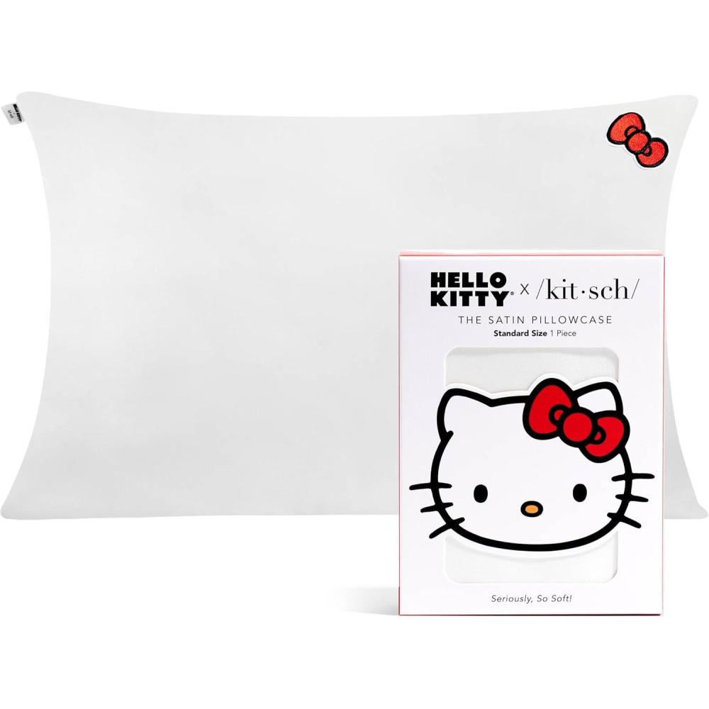 imageKitsch x Lisa Frank Satin Pillowcase with Zipper for Hair amp Skin Softer Than Silk Pillow Cases Queen WrinkleFree Smooth and Cooling Satin Pillow Covers StandardQueen Size 19x26 Angel KittyHello Kitty Ivory