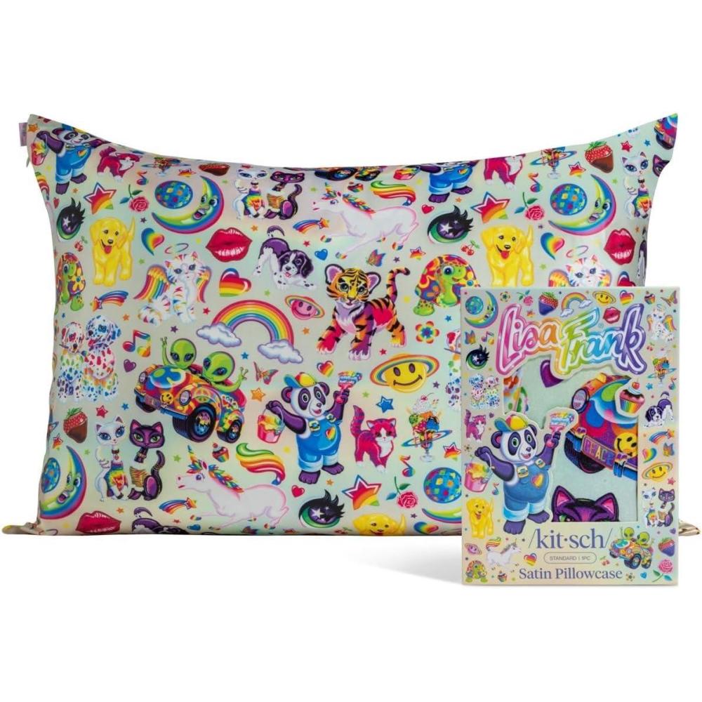 imageKitsch x Lisa Frank Satin Pillowcase with Zipper for Hair amp Skin Softer Than Silk Pillow Cases Queen WrinkleFree Smooth and Cooling Satin Pillow Covers StandardQueen Size 19x26  Angel KittyLisa Frank