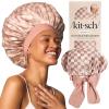 Kitsch XL Satin Bonnet for Sleeping – Softer Than Silk Hair Bonnet for Women – Secure Fit, Adjustable Night Cap for Curly & Textured Hair – Prevents Breakage, Tangles & Thinning – Charcoal(Terracotta Checker)