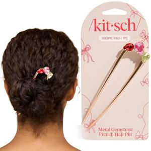 Kitsch French Hair Pins for Women – Elegant & Durable Metal Hair Fork for Updos, Chignon, Bun & Twist Hairstyles, Secure Hold All Day, Comfortable Fit | Ideal Gifts for Women- Gold, 1pc(Red  Pink & Green)