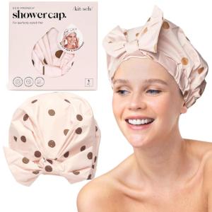 Kitsch Luxury Shower Caps for Women Reusable Waterproof – Flexi Satin Lined, Large Shower Cap for Men, Non-slip, Quick-dry, Adjustable, Stylish Hair Cap for Long & Short Hair – Cherry Print(Blush Dot)