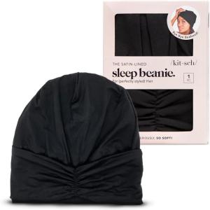 Kitsch Satin Lined Beanie – Softer than Silk Beanie For Sleeping Women, Breathable Hair Cover for Sleeping, Slouchy Beanies, Bonnets for Women, Hair Wrap, Reduce Breakage for Frizz-free Hairs – Black